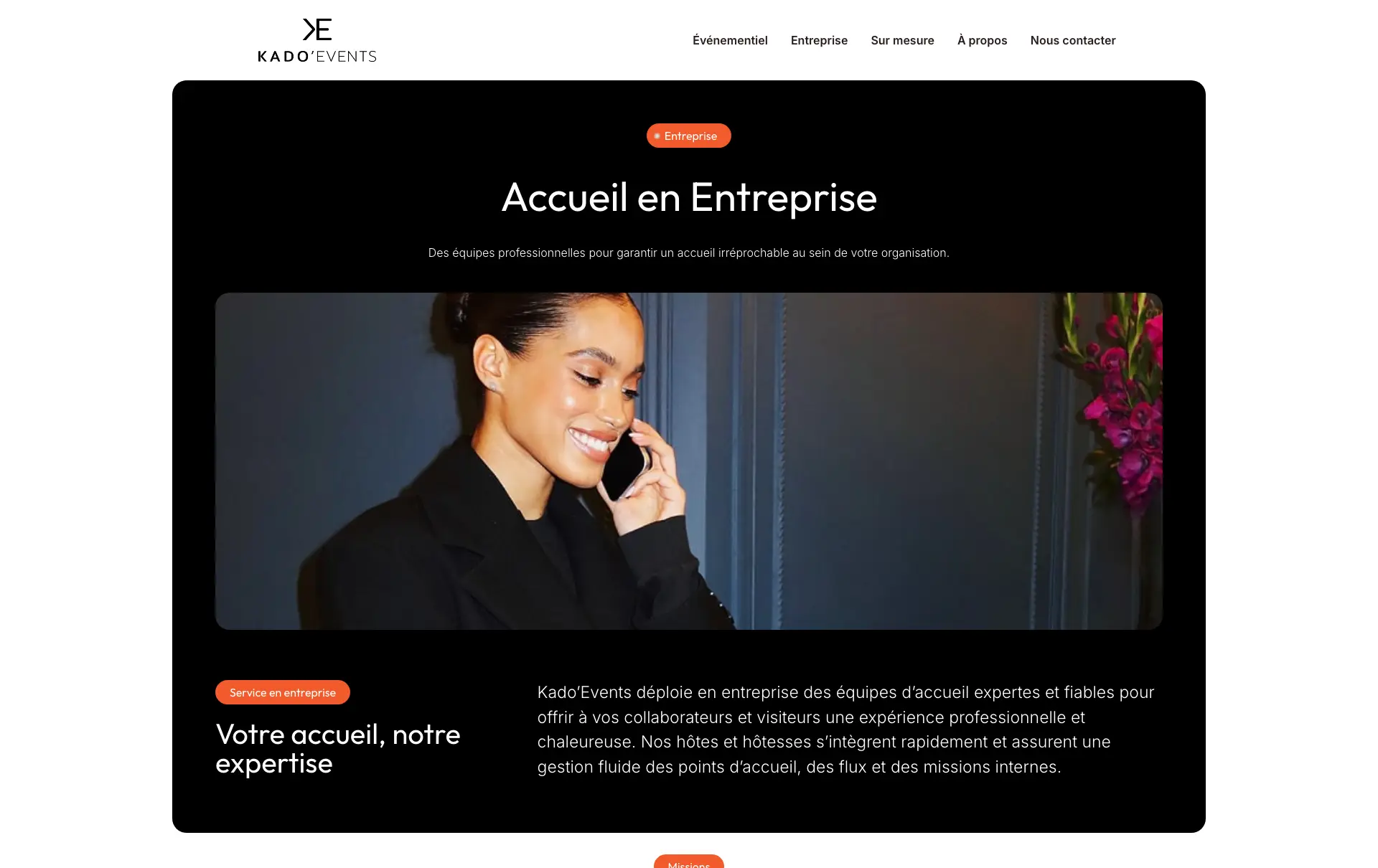 Page Accueil en Entreprise de Kado'Event