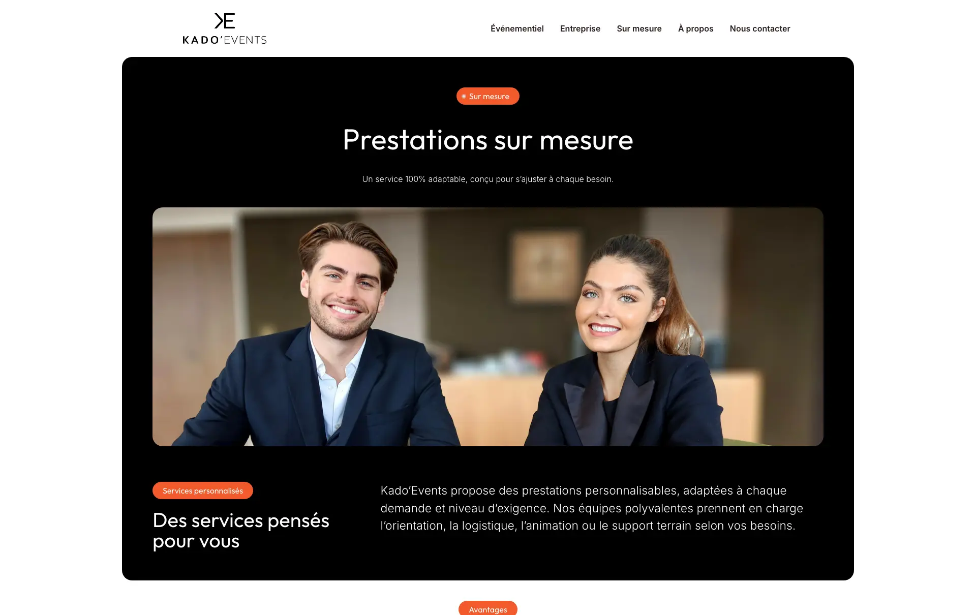 Page Prestations sur mesure de Kado'Event, même gabarit avec son propre contenu