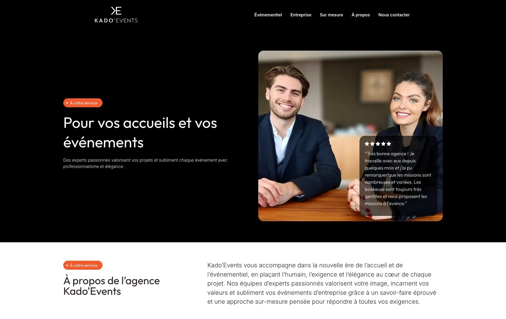 Accueil de Kado'Event, hero présentant l'offre accueil et événements de l'agence