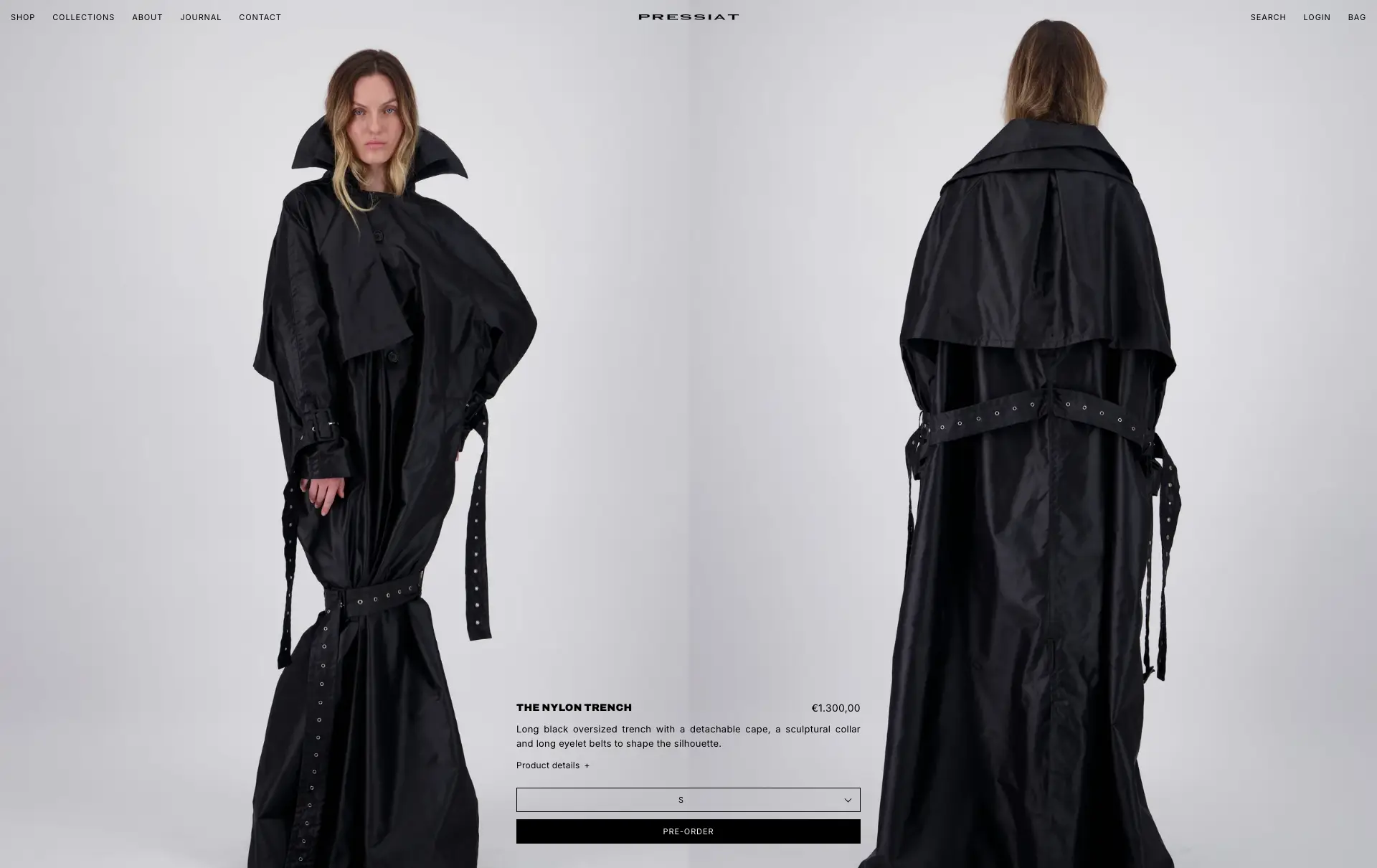 Pressiat product page, a coat shown front and back at full height